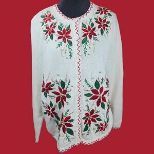 KIKIT | Elegant Vintage Christmas Holiday Poinsettia‎ Floral Beaded Cardigan | L